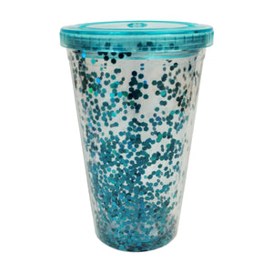 VASO CON TAPA PLASTICO CON GLITTER COLORES 450 ML  VG-006